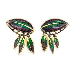 Berebi Enamel Leaf Drop Earrings Purple Green Pierced Gold Tone